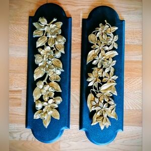 Vintage MCM Syroco Set of wall plaques  Black back ground Gold Floral